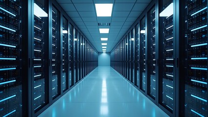 Modern data center server room with rows of network racks, advanced cooling, and sleek technology infrastructure interior