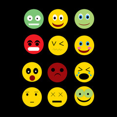 A vector illustration of a set of cartoon smiley faces expressing various emotions and expressions