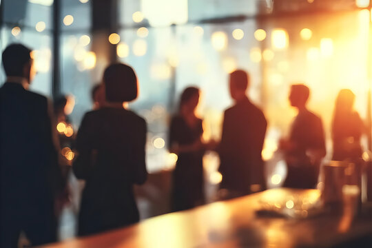 A lively social gathering with people sharing conversations and drinks, bathed in warm light from a bar setting, creating an inviting atmosphere.