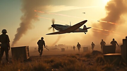 A group of soldiers walking across a field next to a plane.
