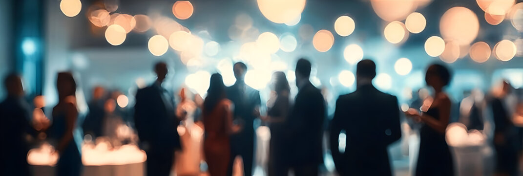 A lively gathering of people in formal attire, surrounded by warm ambient lights, celebrating an event or enjoying a night out with friends.