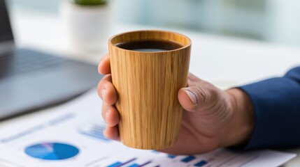 Person holding a bamboo cup of coffee while reviewing financial graphs in a modern office setting