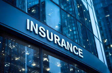 Fototapeta premium A modern office building with prominently displayed insurance signage, showcasing a professional and trustworthy corporate environment at twilight.
