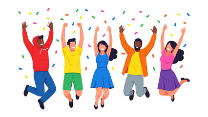 Joyful Celebration Illustration: A lively illustration portrays a diverse group, enthusiastically jumping with arms raised amidst a cascade of colorful confetti.
