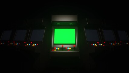 Nostalgic Retro Arcade Machines Vibrant Green Screens, Colorful Buttons, and Joysticks Create Vintage Gaming Atmosphere with Classic Charm and Mysterious Vibes