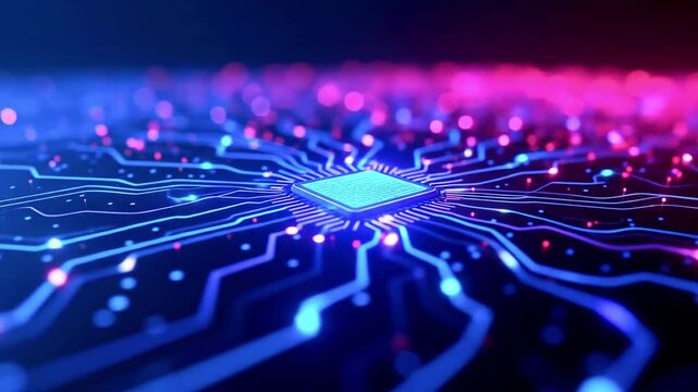 Close-up view of a glowing microchip on a circuit board, showcasing intricate connections and vibrant colors (1) - Powered by Adobe