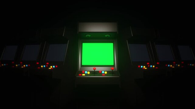 Nostalgic Retro Arcade Machines Vibrant Green Screens, Colorful Buttons, and Joysticks Create Vintage Gaming Atmosphere with Classic Charm and Mysterious Vibes