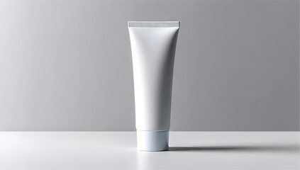 A minimalist white tube stands against a simple gray background, representing modern personal care and skincare products for a clean aesthetic.
