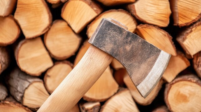 An axe is firmly lodged in a log, with neatly piled firewood behind, set against a vibrant green grassy backdrop