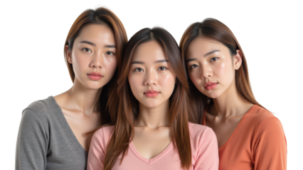 Three young women with long hair, wearing casual tops, pose closely together against neutral background. Their expressions convey confidence