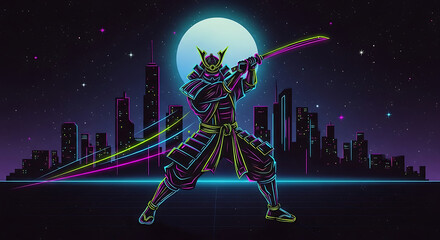 Neon samurai warrior with sword against cityscape