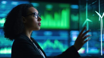 Professional woman analyzing data on digital screens in a high-tech office environment