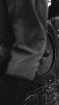 Historical Re-enactment Black And White Video. Preparing For Combat Historical Reenactment. Group Of Re-enactors Dressed As Russian Soviet Red Army Infantry Soldiers Of World War Ii Are Move Soviet