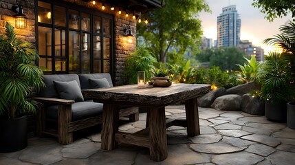 Fototapeta premium A realistic high-definition photo of a rooftop terrace with outdoor seating and string lights.