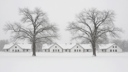 Winter landscape with snow-covered houses and bare trees creating a serene scene