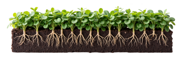 Healthy plants with roots growing in soil, showcasing vibrant green leaves and strong root systems, symbolize growth and sustainability