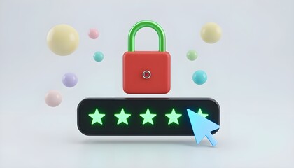 A red padlock above a black bar with five green stars and a blue cursor on a white background