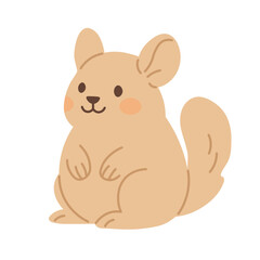 Flat cartoon vector of adorable beige chinchilla with fluffy tail sitting isolated on white background.