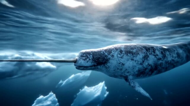 Majestic narwhal swims through frigid arctic waters, its unique tusk piercing the icy depths.