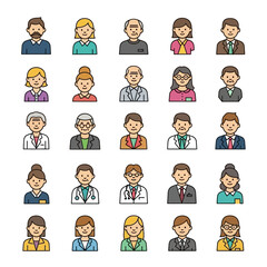 A diverse collection of stylized, flat icon portraits representing various professions and demographics, showcasing men and women in professional attire.