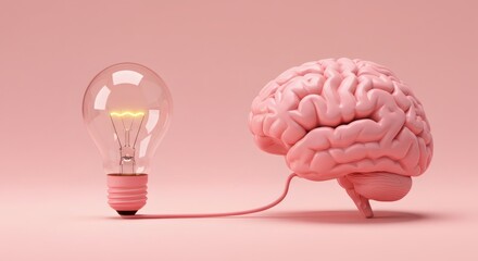 Thinking Pink Brainstorming Ideas with Brain  Lightbulb on Pink Background.