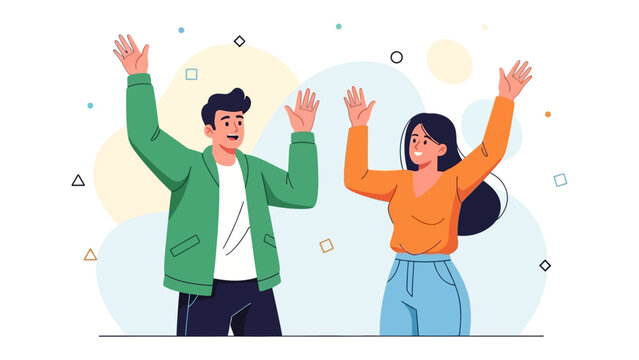 Happy Couple Celebration: A joyful couple celebrates with arms raised high, expressing happiness and excitement. - Powered by Adobe