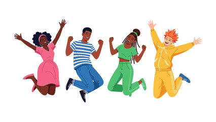 Joyful Leap: Diverse youth celebrate with exuberant jumps, their arms outstretched in a dynamic display of unity and shared happiness.