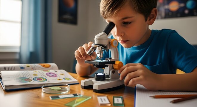 Close-up portrait of young student working with microscope in his room. Child and science experiments. Kid studying samples under the microscope. Preparing for science lesson
