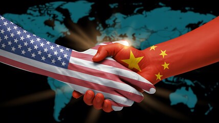 Symbolic handshake between the united states and china flags against a global map background representing international relations and diplomacy