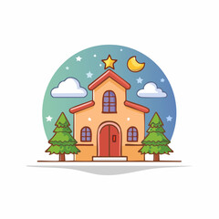 Illustration of a cartoon building with Christmas trees and a night sky