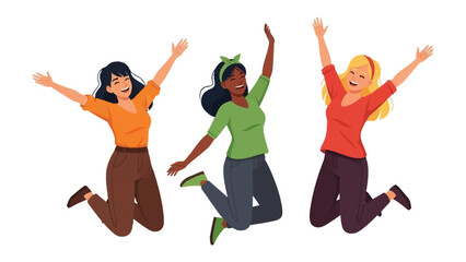 Joyful Trio: Three animated women, arms aloft, leap into the air, radiating boundless joy and an infectious spirit of fun, painted with vibrant colors and a touch of artistic flair.