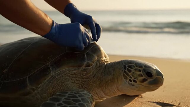 Close-up of hands attaching a small satellite tag to a large sea turtle�s shell on a sunlit beach with calm ocean waves at dawn for wildlife conservation and tracking