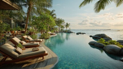 Fototapeta premium Serene Tropical Resort with Infinity Pool Overlooking the Ocean at Sunset Surrounded by Lush Palm Trees and Beautiful Landscaping
