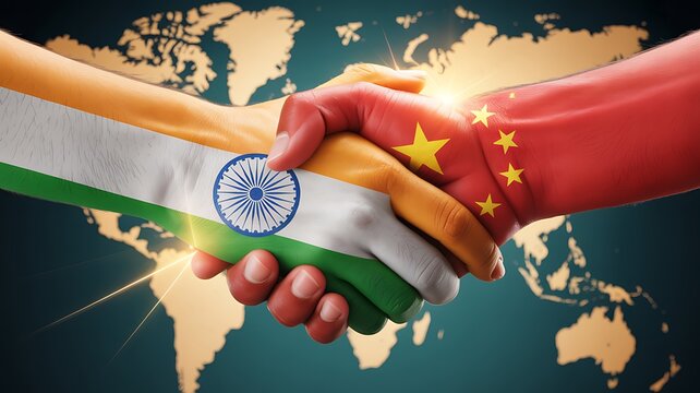 Symbolic handshake between india and china flags representing diplomatic relations and global partnership on a world map background