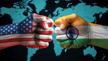 Two fists clashing one painted with the american flag and the other with the indian flag against a world map backdrop