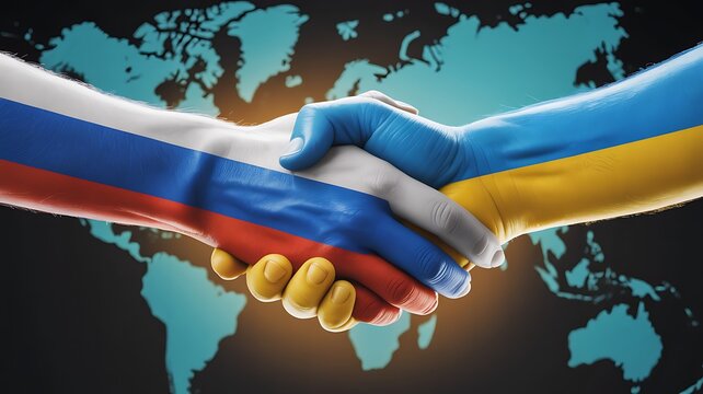 Symbolic handshake between russia and ukraine flags against a world map background representing global relations and diplomacy