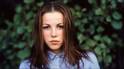 A charming young woman with long brown hair and a blue and white striped shirt is a portrait that captures her focused demeanor and natural outdoor backdrop.