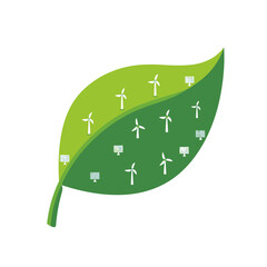 Green leaf symbolizing renewable energy sources with wind turbines and solar panels. Concept of sustainability and eco-friendly technology.