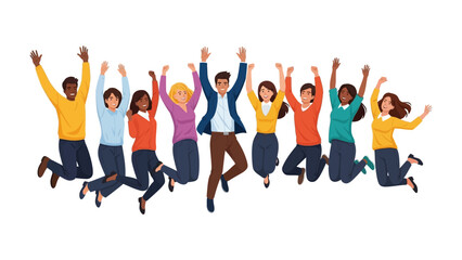 Celebrating Success: A group of diverse individuals, joyfully leaping into the air, representing unity and optimism with their arms raised high, highlighting the collective spirit of success.