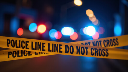 Police line tape at crime scene with blurred lights in background creates tense atmosphere