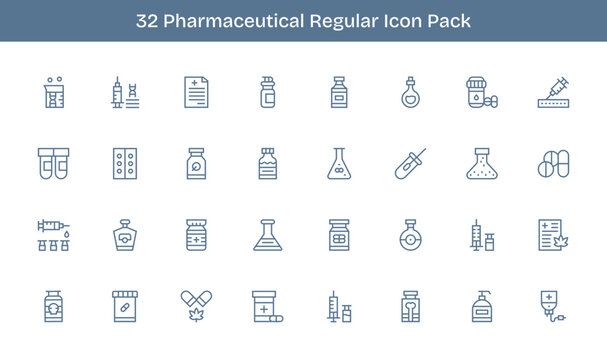32 Regular Line Icons - Pharmaceutical Graphics