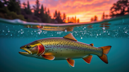 Fototapeta premium Vibrant trout swims gracefully beneath surface of serene lake, with stunning sunset illuminating sky above. scene captures beauty of nature