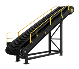 Inclined belt conveyor with cleated belt for transporting bulk materials in a quarry.