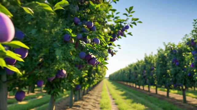 Vibrant plum orchard with rows of trees under bright sunlight, showcasing fresh, ripe fruit for harvest season