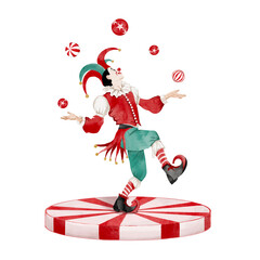 Watercolor illustration of a circus clown performing on a stand, juggling balls, for carnival. Performer art for show design or card Hand drawn on transparent background. © 7nov.studio