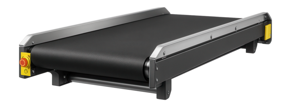 Wide belt conveyor with a multi-ply belt for handling large and heavy items in a warehouse.