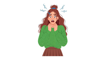 Captured in a Moment of Anxiety: Witness a young woman's expression of genuine fear and apprehension, rendered in a flat illustration, conveying an intimate view into the human condition.