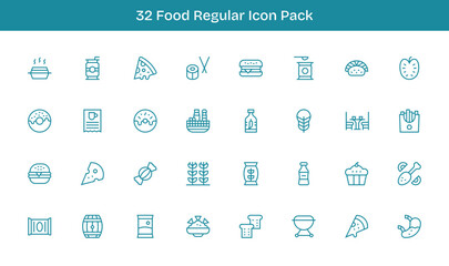 32 Regular Line Style Icons - Food Collection
