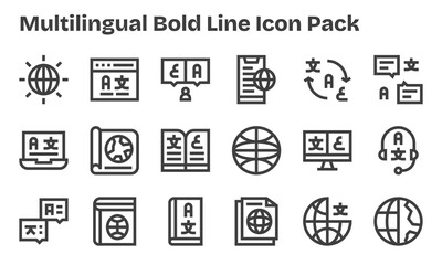 Bold Line Icons - Multilingual Set with 18 Vectors