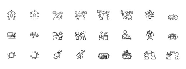 set of line icon and editable stock for VR Sports Experience , AI Juggling Multitasker, VR Sports Stadium, Superhero Business, Microchip Technology, Data Overload, Programming, VR Headset vector 